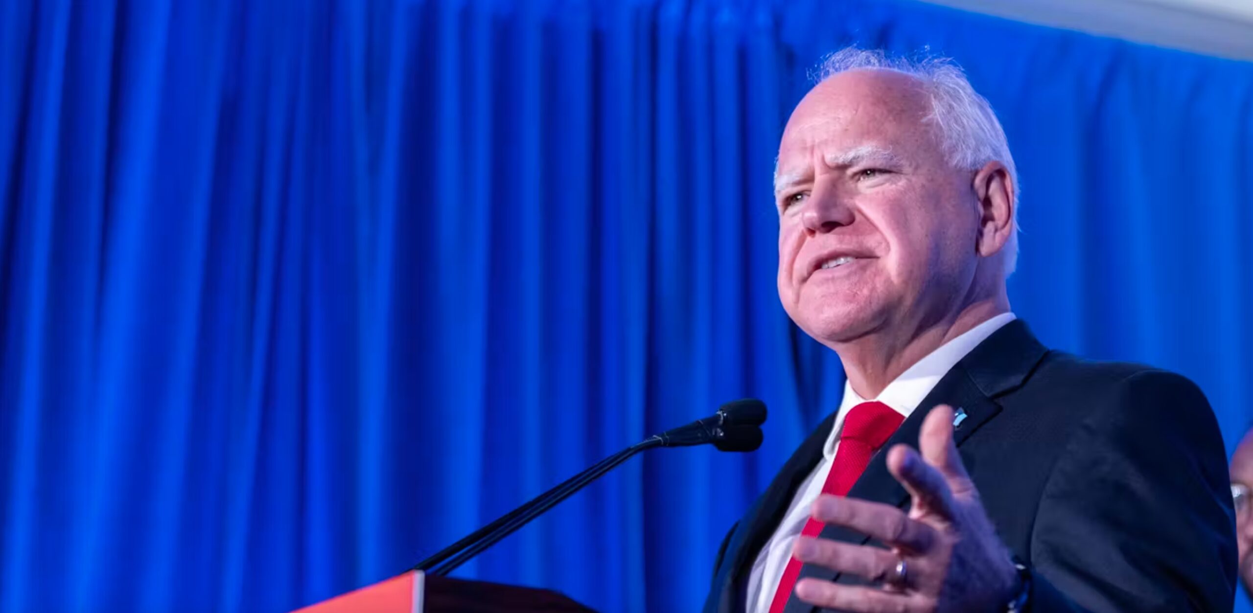 Minnesota Gov. Tim Walz speaks at a Biden-Harris campaign press conference on July 17, 2024, in Milwaukee, Wis.