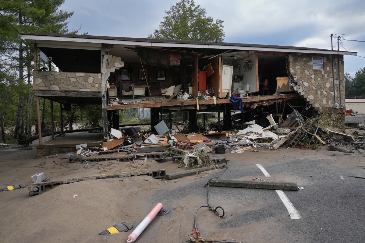 A flood damaged building left by tropical depression Helene is seen in Newport, Tenn., Saturday, Sept. 28, 2024.