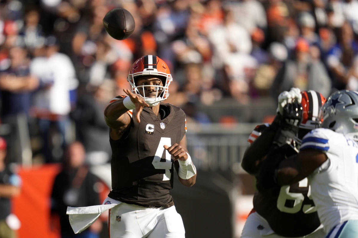 Cleveland Browns quarterback Deshaun Watson (4) throws a pass in the first half of an NFL football game against the Dallas Cowboys in Cleveland, Sunday, Sept. 8, 2024.