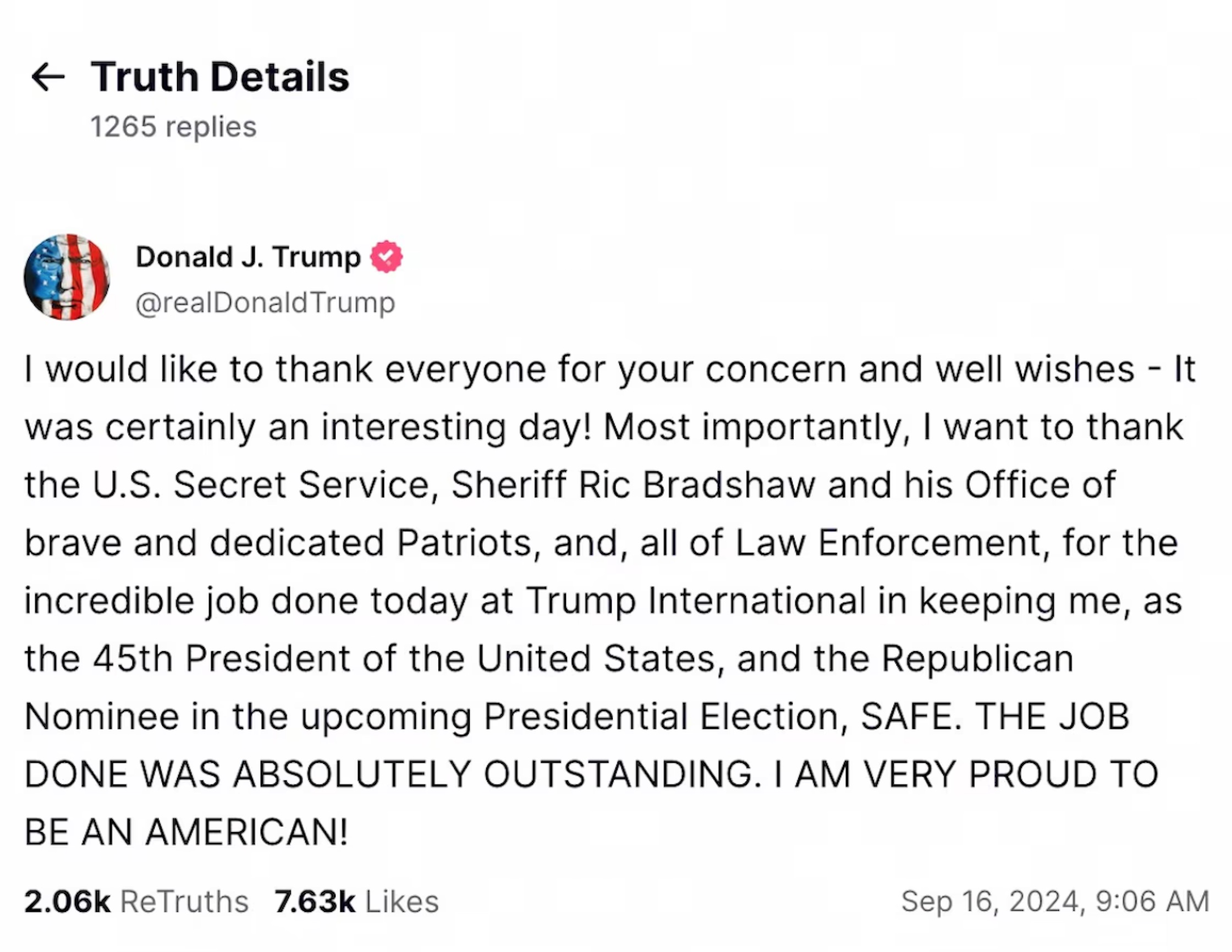 A screengrab shows Republican presidential nominee and former U.S. President Donald Trump's first post on his Truth Social account following what the FBI said was an apparent assassination attempt on Trump in Florida, September 15, 2024.