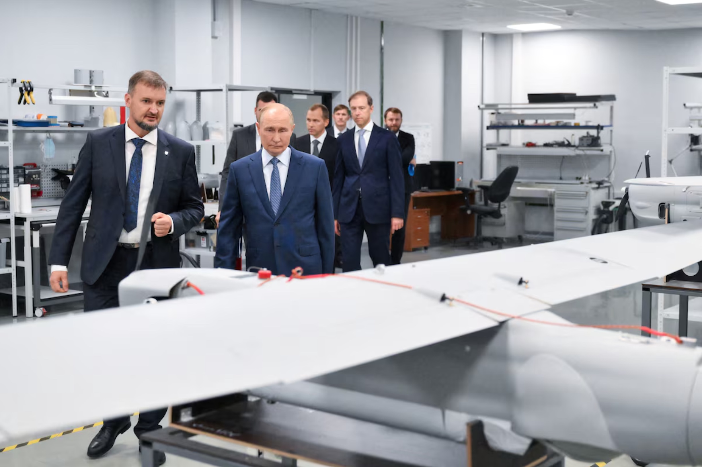 Russia's President Vladimir Putin visits a drone production facility of the the Special Technology Centre in Saint Petersburg, Russia September 19, 2024.
