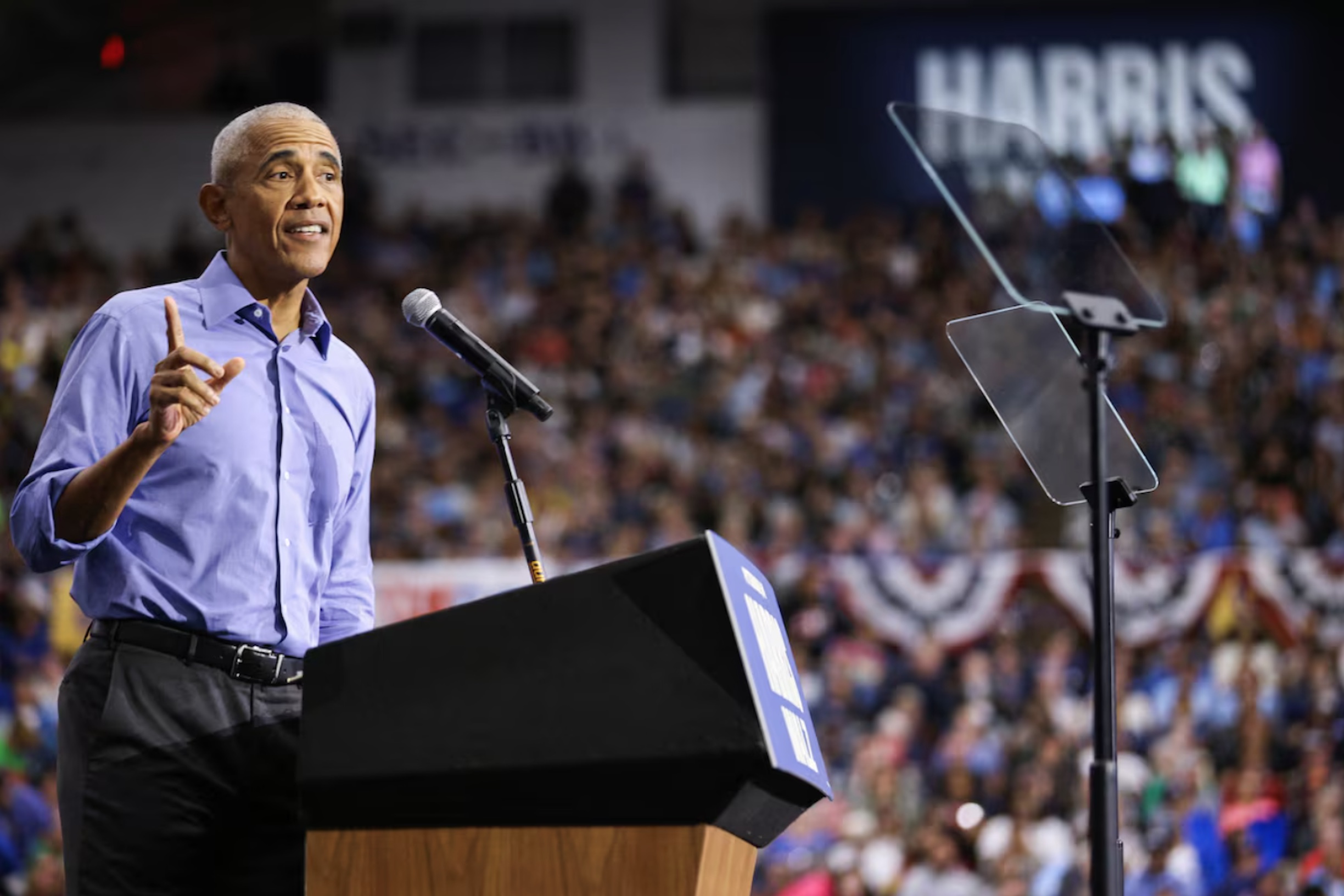 Former U.S. President Barack Obama speaks during a campaign event in support of Democratic presidential nominee and U.S. Vice President Kamala Harris in Pittsburgh, Pennsylvania, U.S., October 10, 2024.