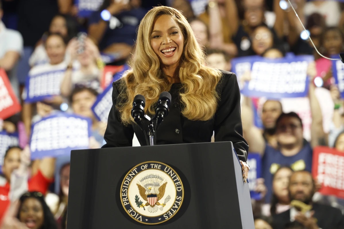 Musical artist Beyonce on stage at a campaign event for Democratic presidential nominee Vice President Kamala Harris, Friday, Oct. 25, 2024, in Houston.