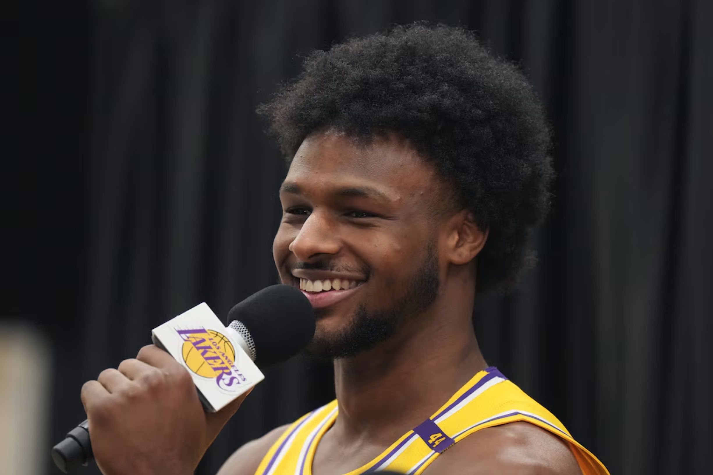 Sep 30, 2024; El Segundo, CA, USA; Los Angeles Lakers guard Bronny James (9) during media day at the UCLA Health Training Center.