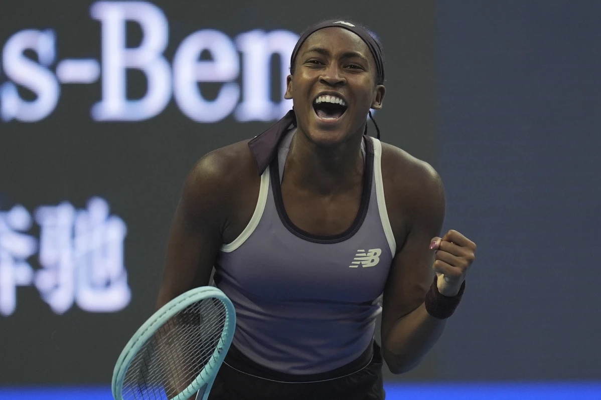 Coco Gauff of the United States celebrates after defeating Paula Badosa of Spain in a women’s singles semi-final match for the China Open tennis tournament held at the National Tennis Center in Beijing, Saturday, Oct. 5, 2024.