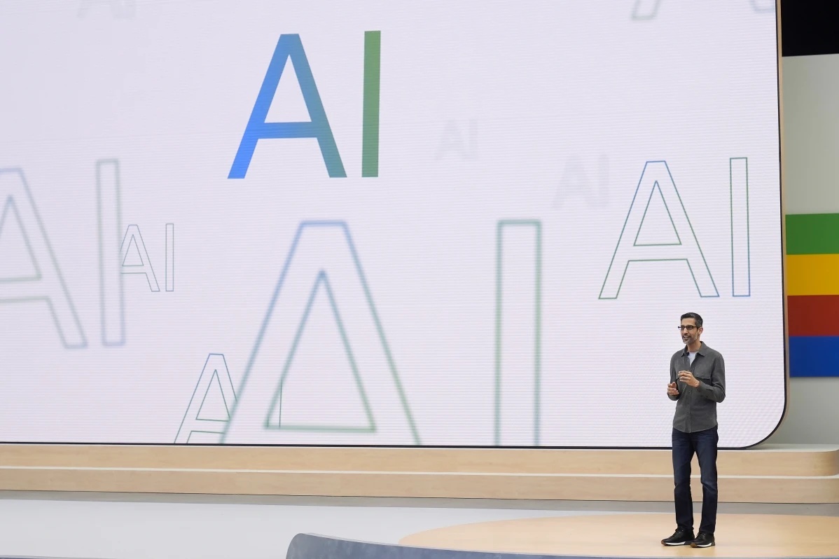 Alphabet CEO Sundar Pichai speaks at a Google I/O event in Mountain View, Calif., May 14, 2024.