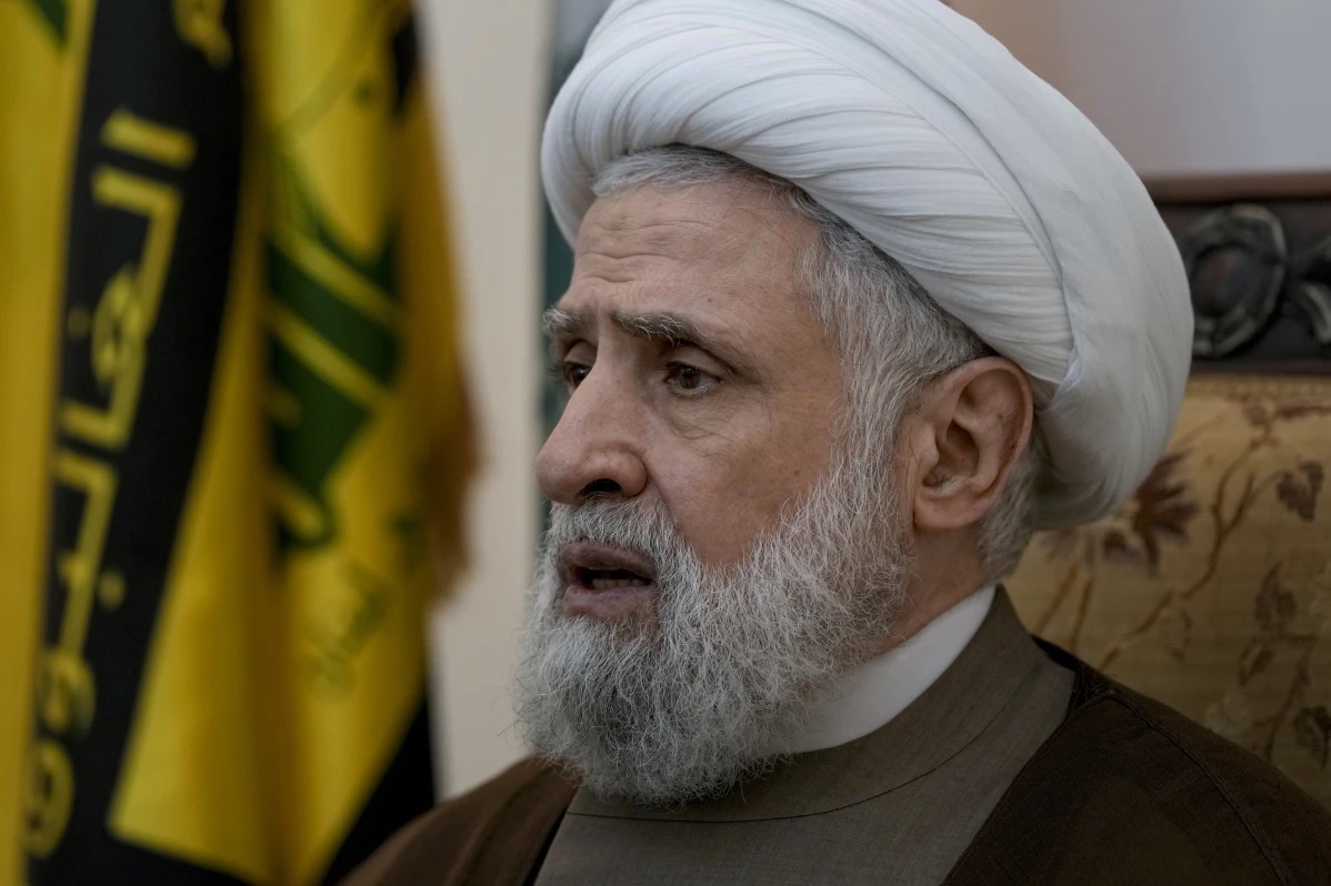 Hezbollah’s deputy leader Sheik Naim Kassem, speaks during an interview with The Associated Press in Beirut’s southern suburbs, Lebanon, Tuesday, July 2, 2024.