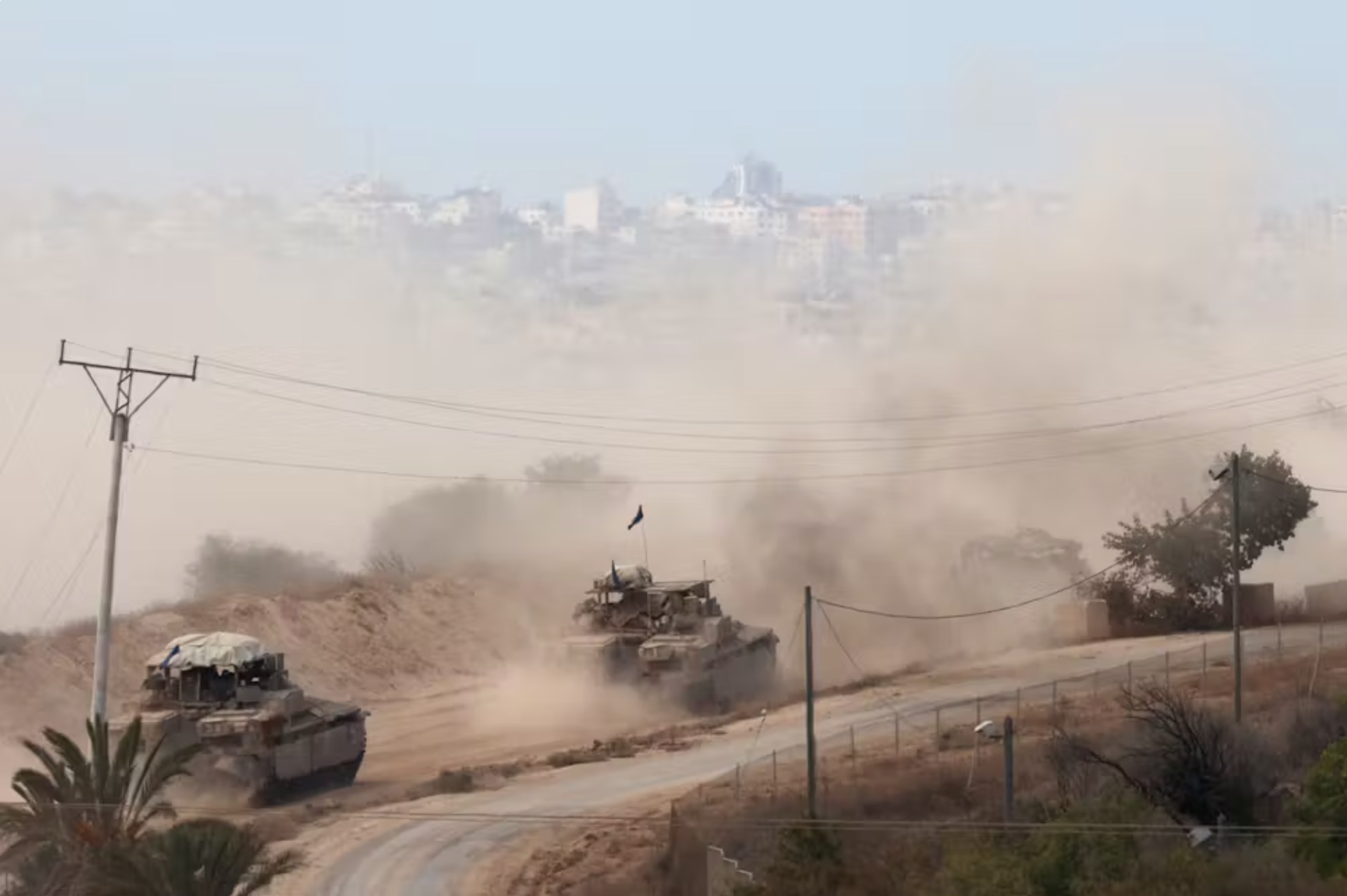 A convoy of Israeli armoured vehicles making its way to the northern Gaza Strip on October 6 2024.