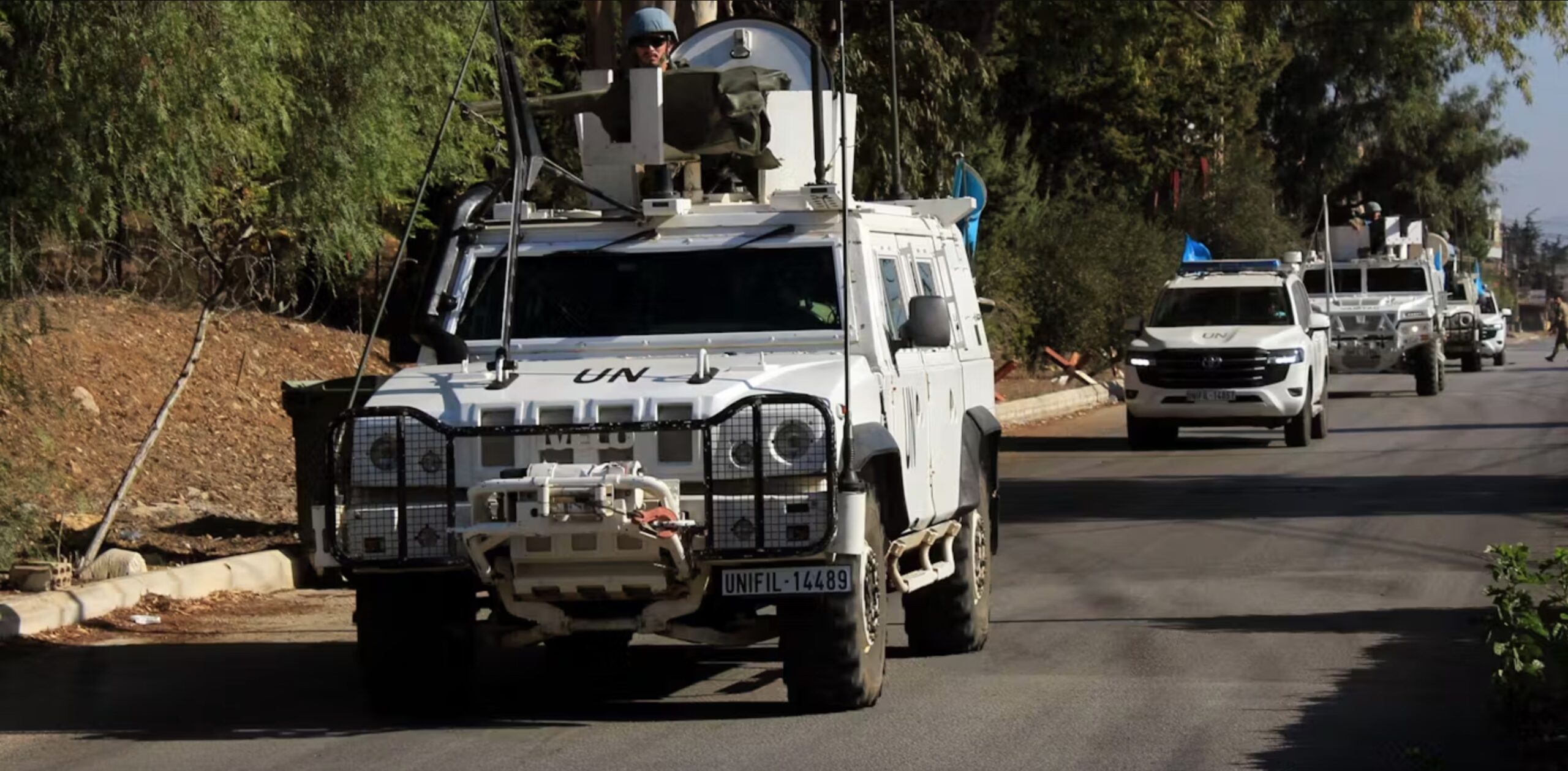 A Spanish-led unit of Unifil peacekeepers on patrol in Qliyaa, soutghern Lebanon, October 12 2024.