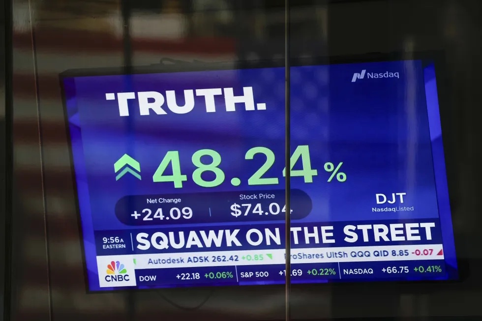 The stock price for Truth Social is shown at the Nasdaq building on March 26, 2024, in New York.