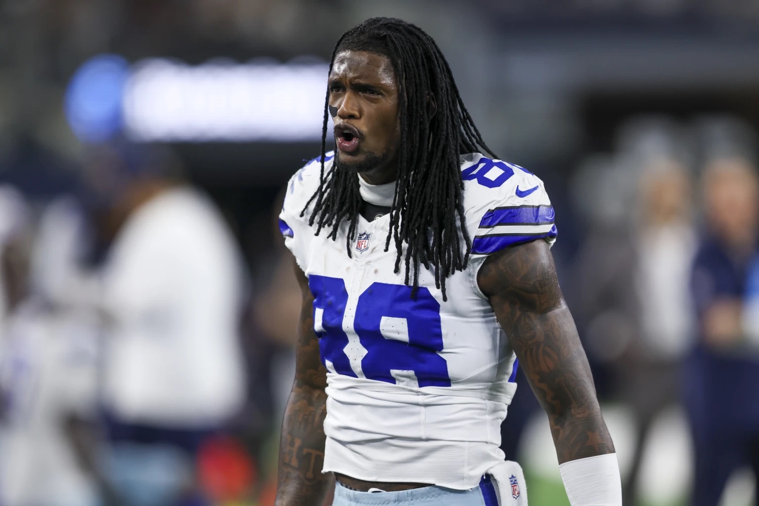 Dallas Cowboys wide receiver CeeDee Lamb reacts during the second half of an NFL football game against the Houston Texans, Monday, Nov. 18, 2024, in Arlington, Texas.