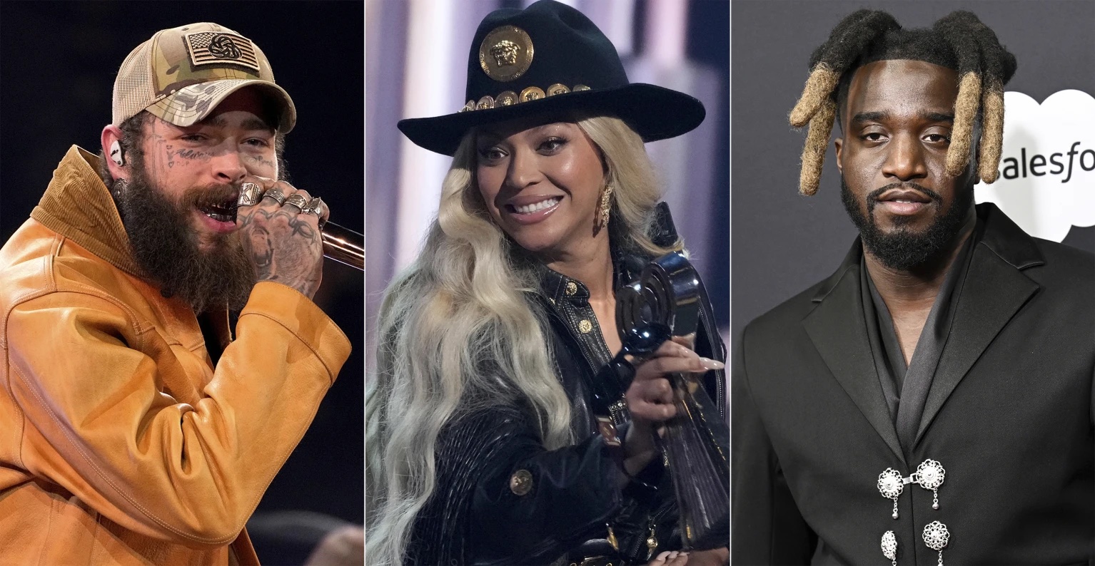 This combination of images shows recording artists, Post Malone, from left, Beyoncé, and Shaboozey.