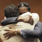 A$AP Rocky hugs attorney Joe Tacopina after he was found not guilty during his trial Tuesday, Feb. 18, 2025, in Los Angeles.