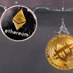 Souvenir tokens representing cryptocurrency Bitcoin and the Ethereum network, with its native token ether, plunge into water in this illustration taken May 17, 2022.