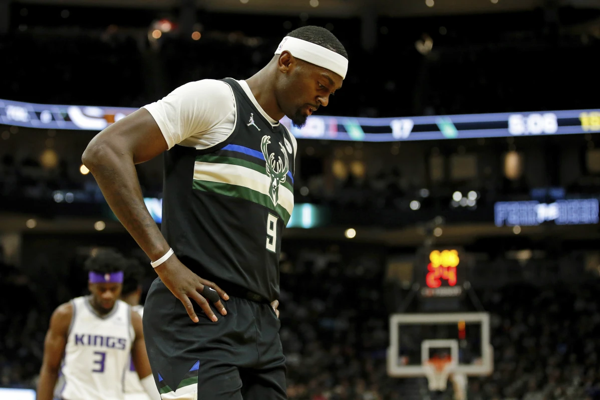 Milwaukee Bucks center Bobby Portis (9) reacts after a play against the Sacramento Kings during the first half of an NBA basketball game Saturday, Jan. 22, 2022, in Milwaukee..