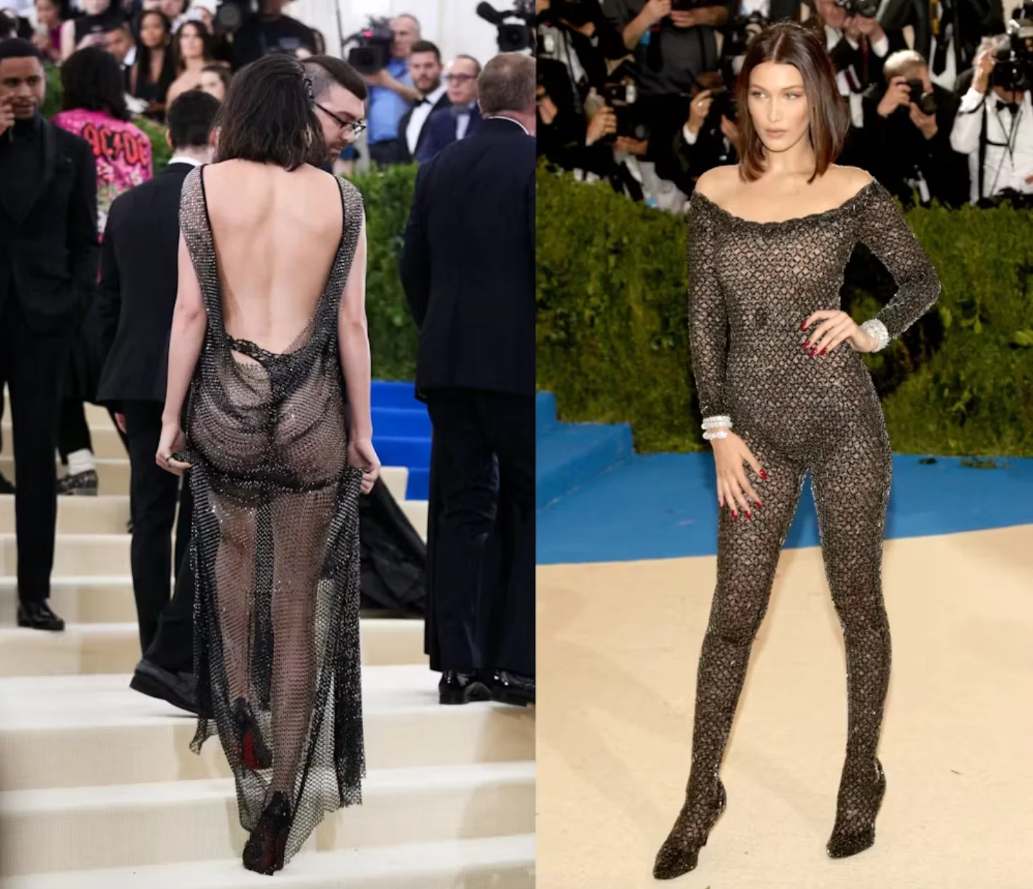 Kendall Jenner, left, and Bella Hadid wore transparent garments at the 2017 Met Gala.