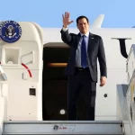U.S. Secretary of State Marco Rubio waves as he departs Israel for Saudi Arabia, at Ben Gurion Airport in Tel Aviv, Israel February 17, 2025.