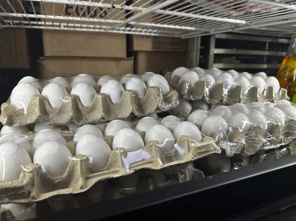Cartons of eggs sit inside cooler at Norma’s Sweets Bakery Tuesday, Feb. 11, 2025, in New Orleans.