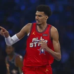 Chuck’s Global Stars’ Victor Wembanyama (1) gestures after sinking a basket against the Kenny’s Young Stars during Game 1 of the NBA All-Star Game at Chase Center in San Francisco, Sunday, Feb. 16, 2025.