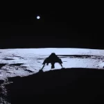 Private lunar lander Blue Ghost’s shadow is seen on the moon’s surface after touching down on the moon with a special delivery for NASA, Sunday, March 2, 2025.