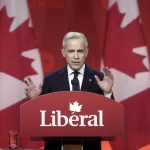 Liberal Party of Canada Leader Mark Carney speaks following the announcement of his win at the party’s announcement event in Ottawa, Ontario, Sunday, March 9, 2025.