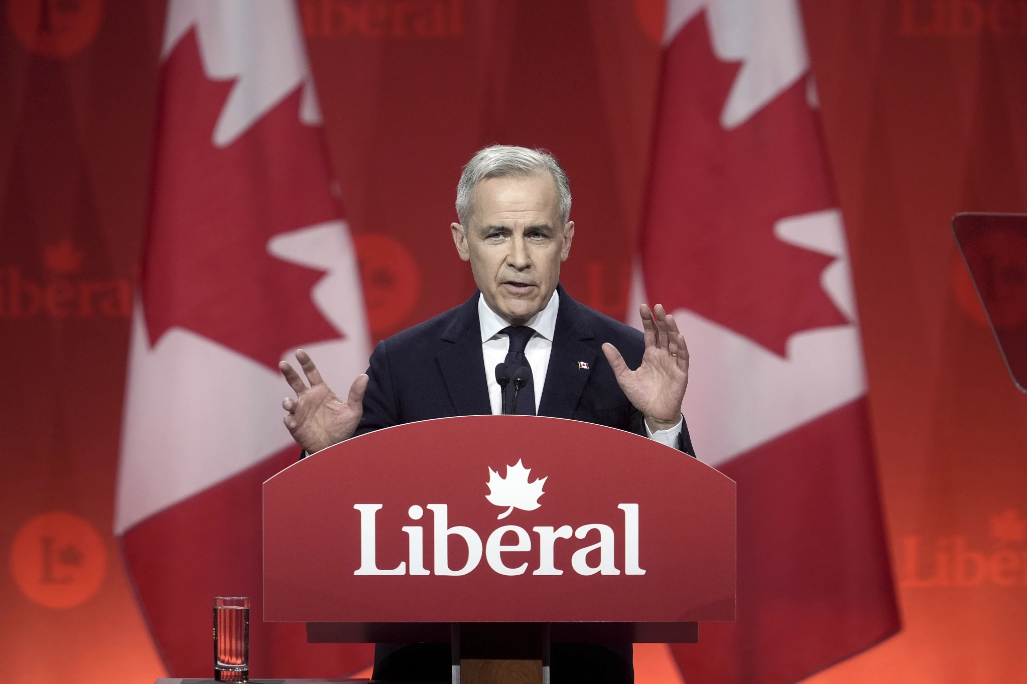 Liberal Party of Canada Leader Mark Carney speaks following the announcement of his win at the party’s announcement event in Ottawa, Ontario, Sunday, March 9, 2025.
