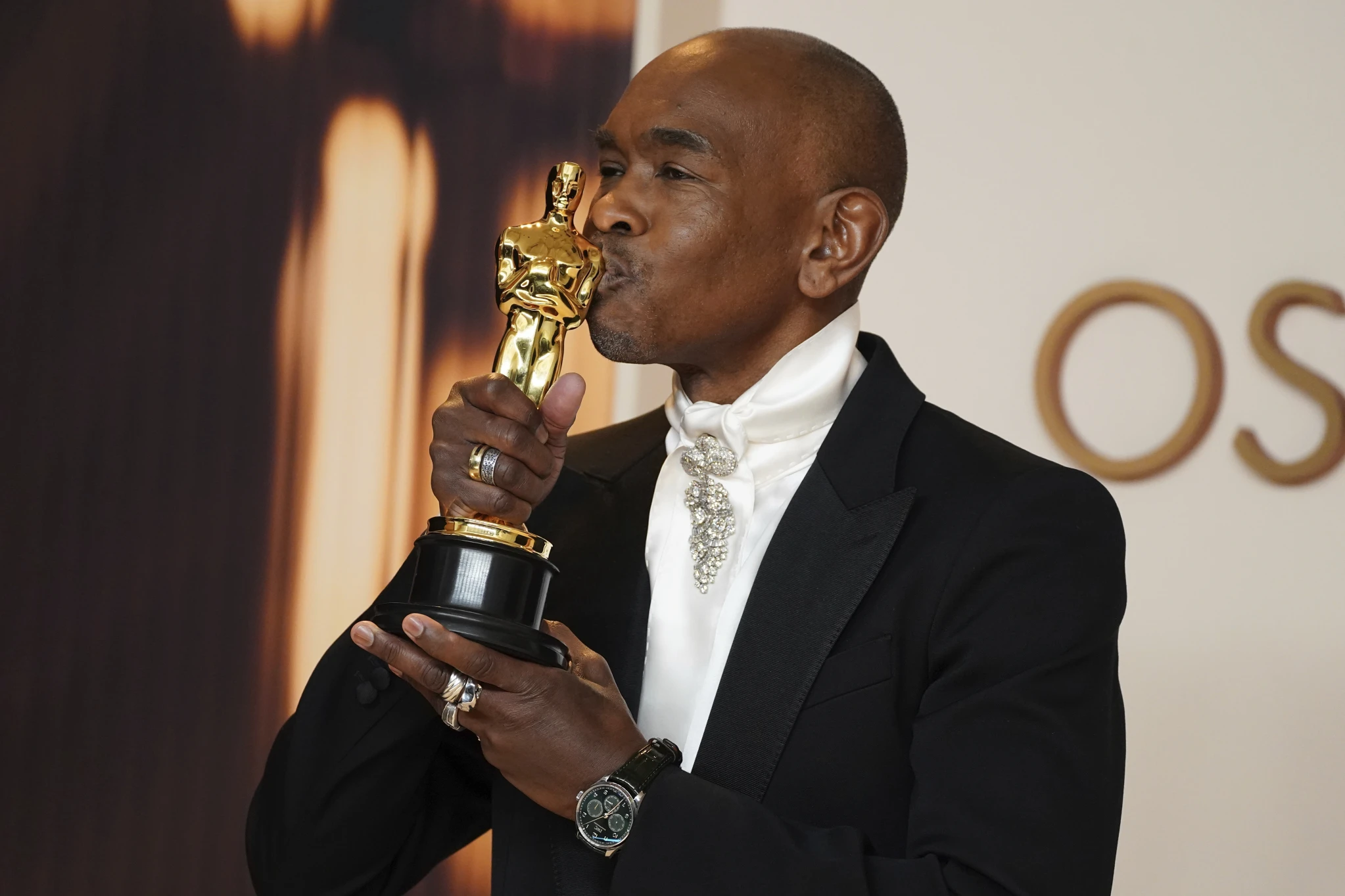 Paul Tazewell, winner of the award for best costume design for “Wicked,” poses in the press room at the Oscars on Sunday, March 2, 2025, at the Dolby Theatre in Los Angeles.