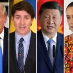 This combination of file photos shows, from left, U.S. President Donald Trump in Palm Beach, Fla., Feb. 7, 2025, Canadian Prime Minister Justin Trudeau in Kyiv, Ukraine, June 10, 2023, China’s President Xi Jinping in Brasilia, Brazil, Nov. 20, 2024, and Mexico’s President in Mexico City, June 27, 2024.