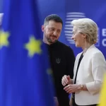 European Commission President Ursula von der Leyen, right, speaks with Ukraine’s President Volodymyr Zelenskyy, center, as they arrive for an EU Summit at the European Council building in Brussels, Thursday, March 6, 2025.