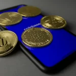 Studio shot of gold coins lying on top of a smartphone displaying coinbase app.