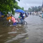 Flooded streets of kolkata during monsoon season.