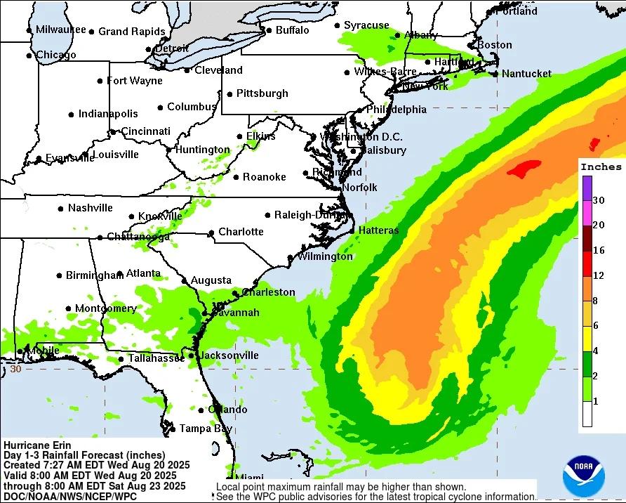 This graphic is created by the NWS/NCEP Weather Prediction Center (WPC) and shows rainfall potential when a tropical cyclone threatens land. 