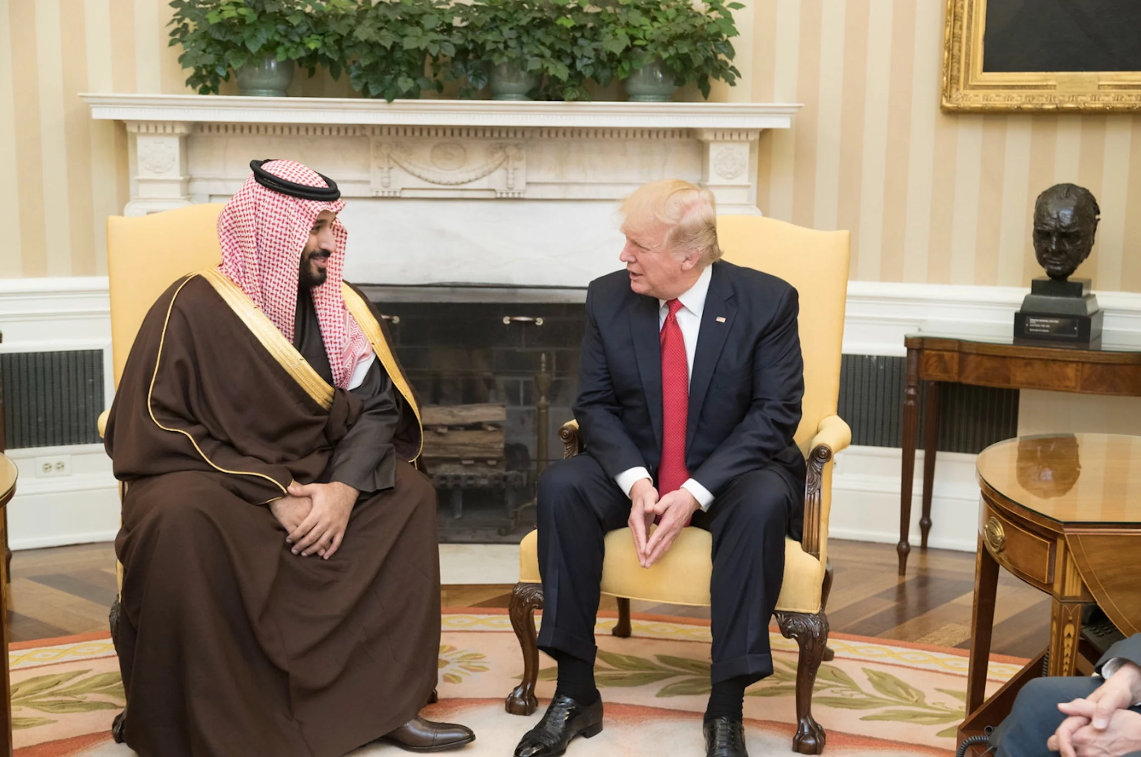 President Donald Trump speaks with Mohammed bin Salman bin Abdulaziz Al Saud.