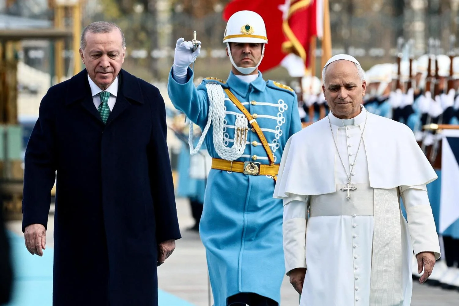 Pope Leo welcomed by President Recep Tayyip Erdogan at the Presidential Palace in Ankara on the first day of his visit to Turkey.