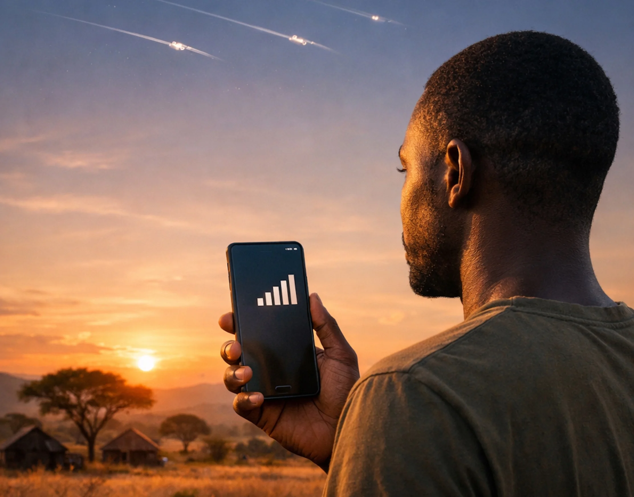 An African smartphone user standing in a remote rural landscape at sunset.