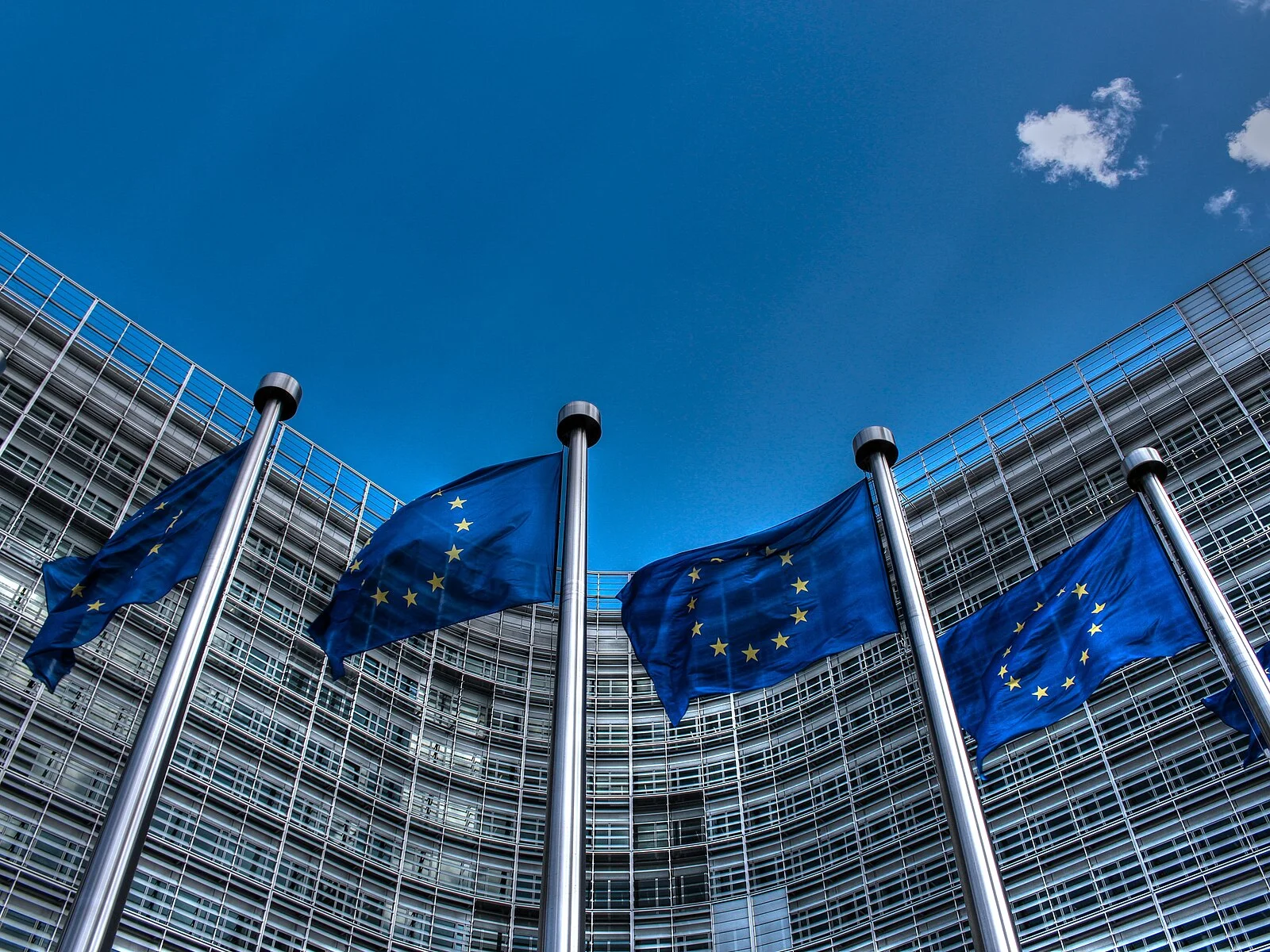 European Union flags in front of the Berlaymont Building, Brussels.