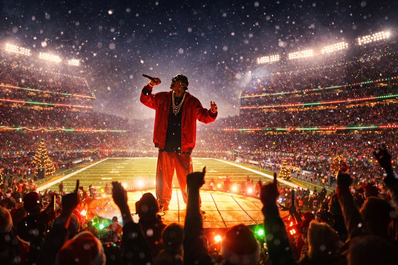 An illustrated image of Snoop Dogg performing in a brightly lit NFL stadium at night during Christmas.