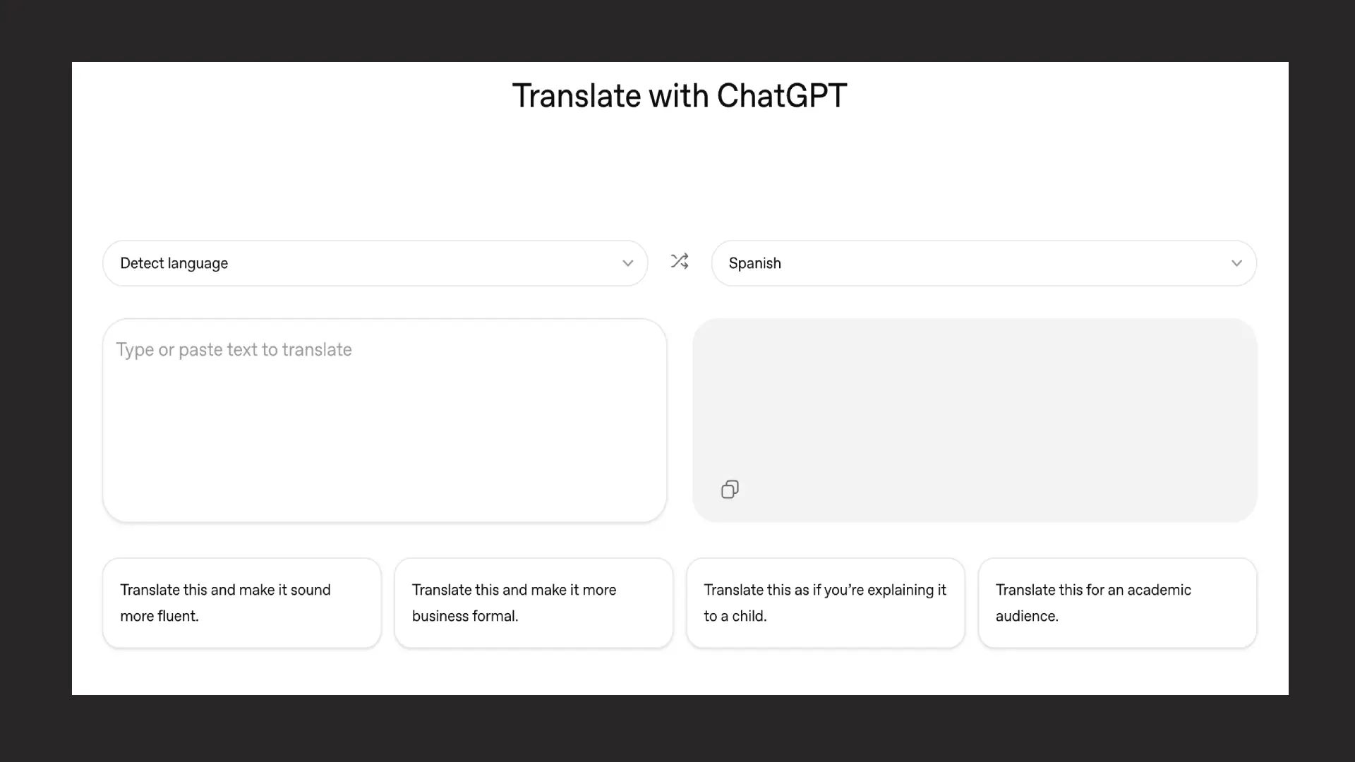 A screenshot of OpenAI's ChatGPT translator homepage.