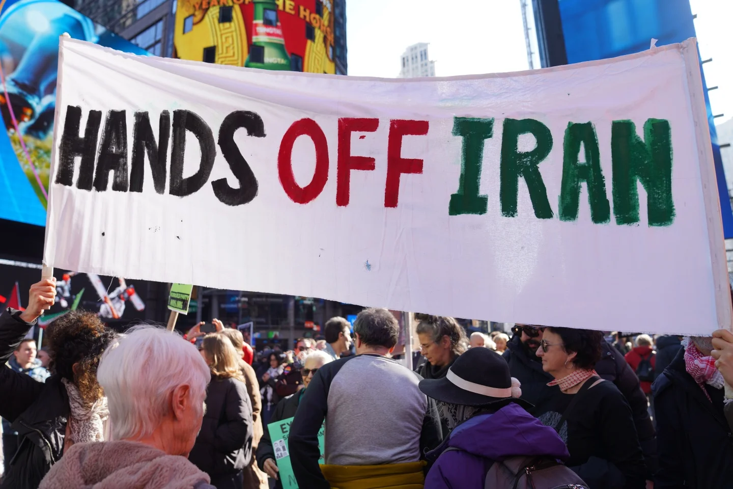 Hundreds of New Yorkers rallied in Times Square and then marched along streets in New York City in protest of US-Israel coordinated airstrikes against Iran on Saturday.