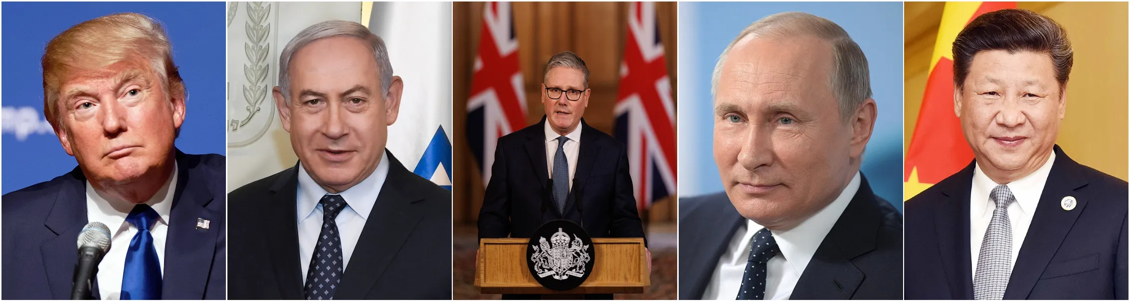 Donald Trump, Benjamin Netanyahu, Keir Starmer, Vladimir Putin, Xi Jinping.