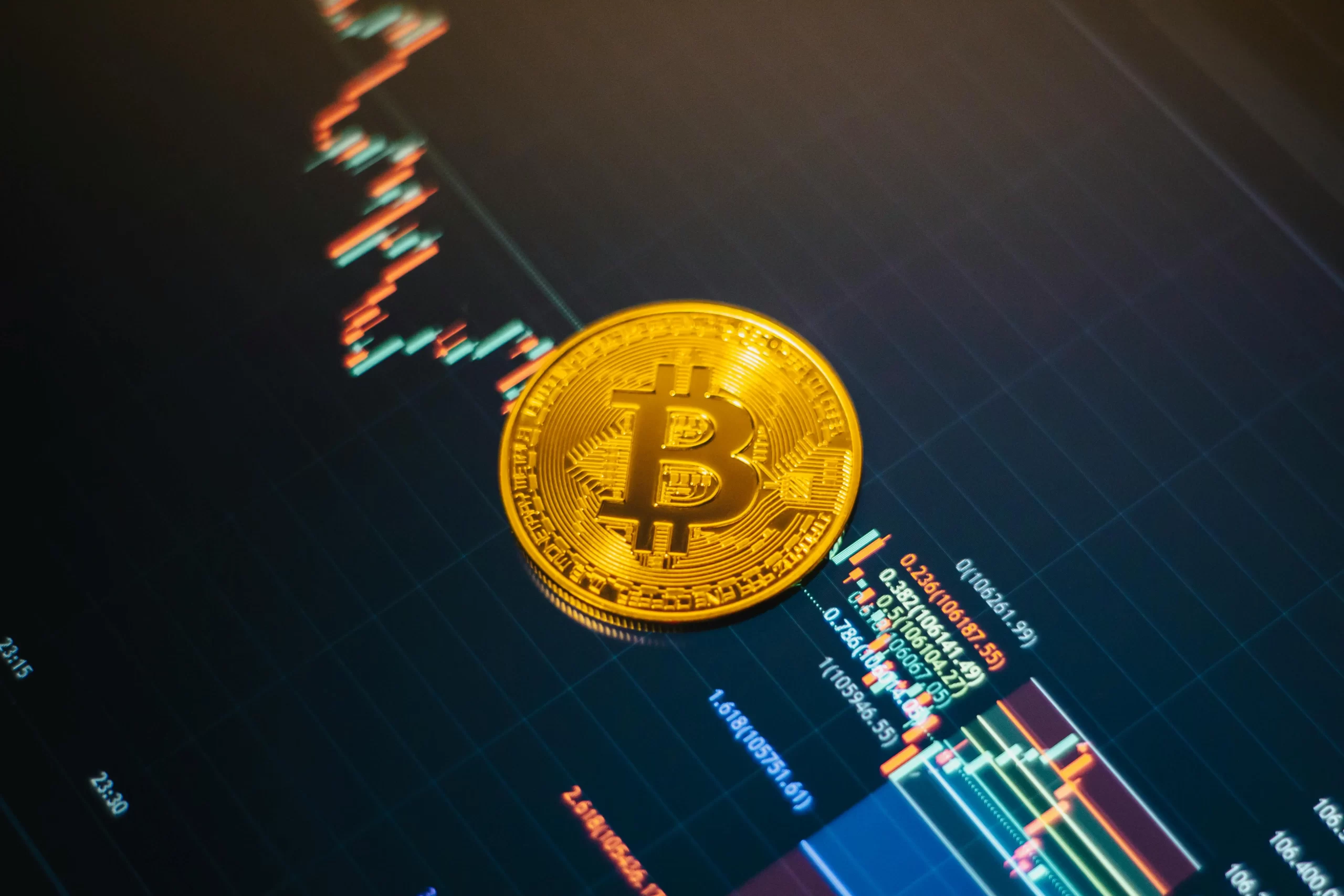 Bitcoin on digital market chart background.