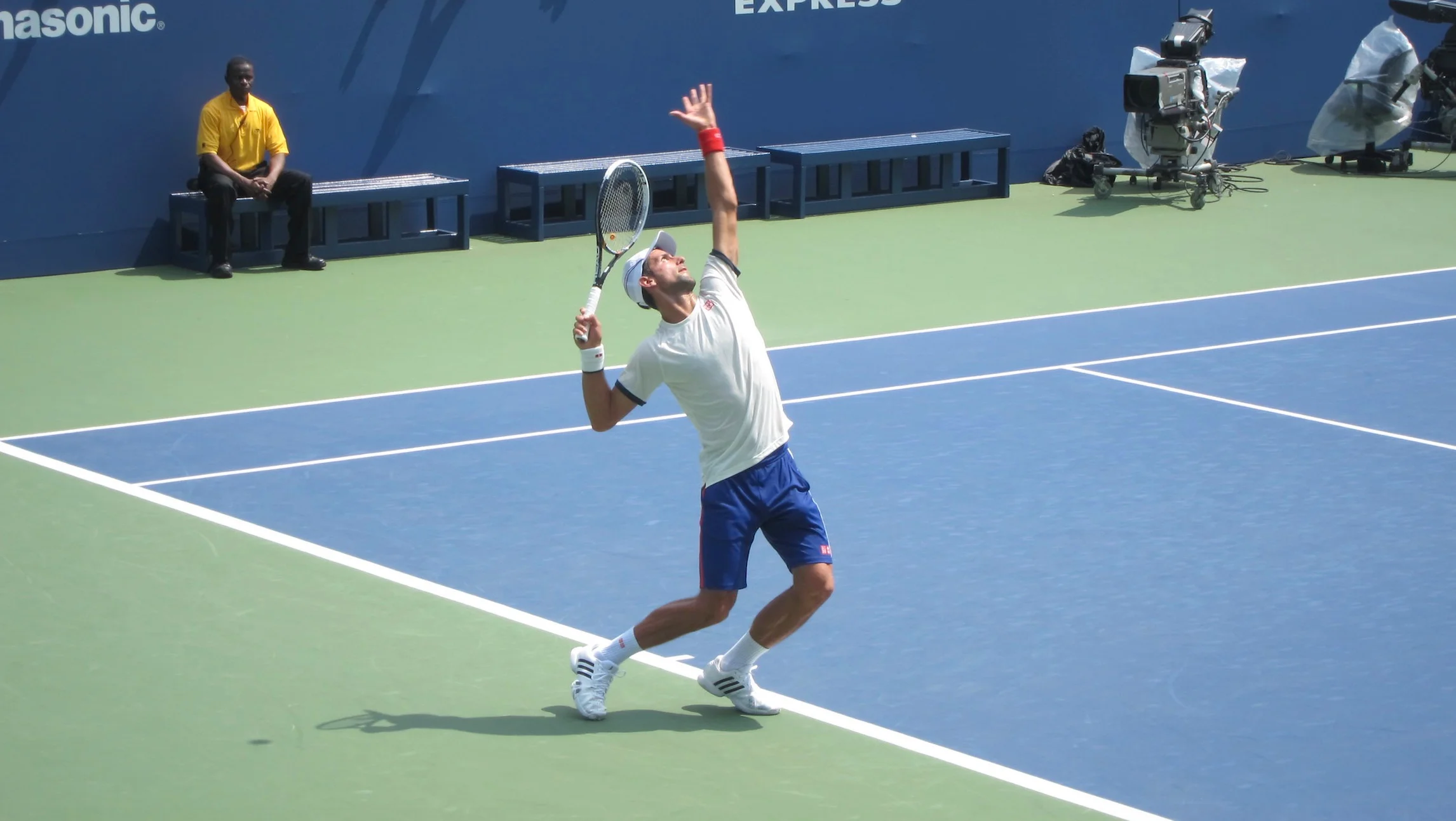 Djokovic trophy pose on serve.
