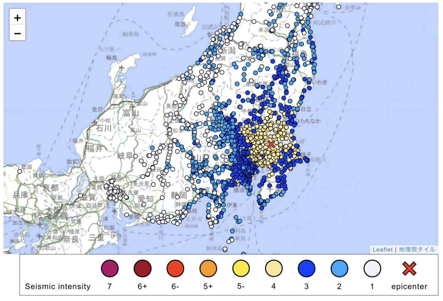 A weather agency map shows the seismic intensity of Sunday morning's earthquake. | Japan Meteorological Agency