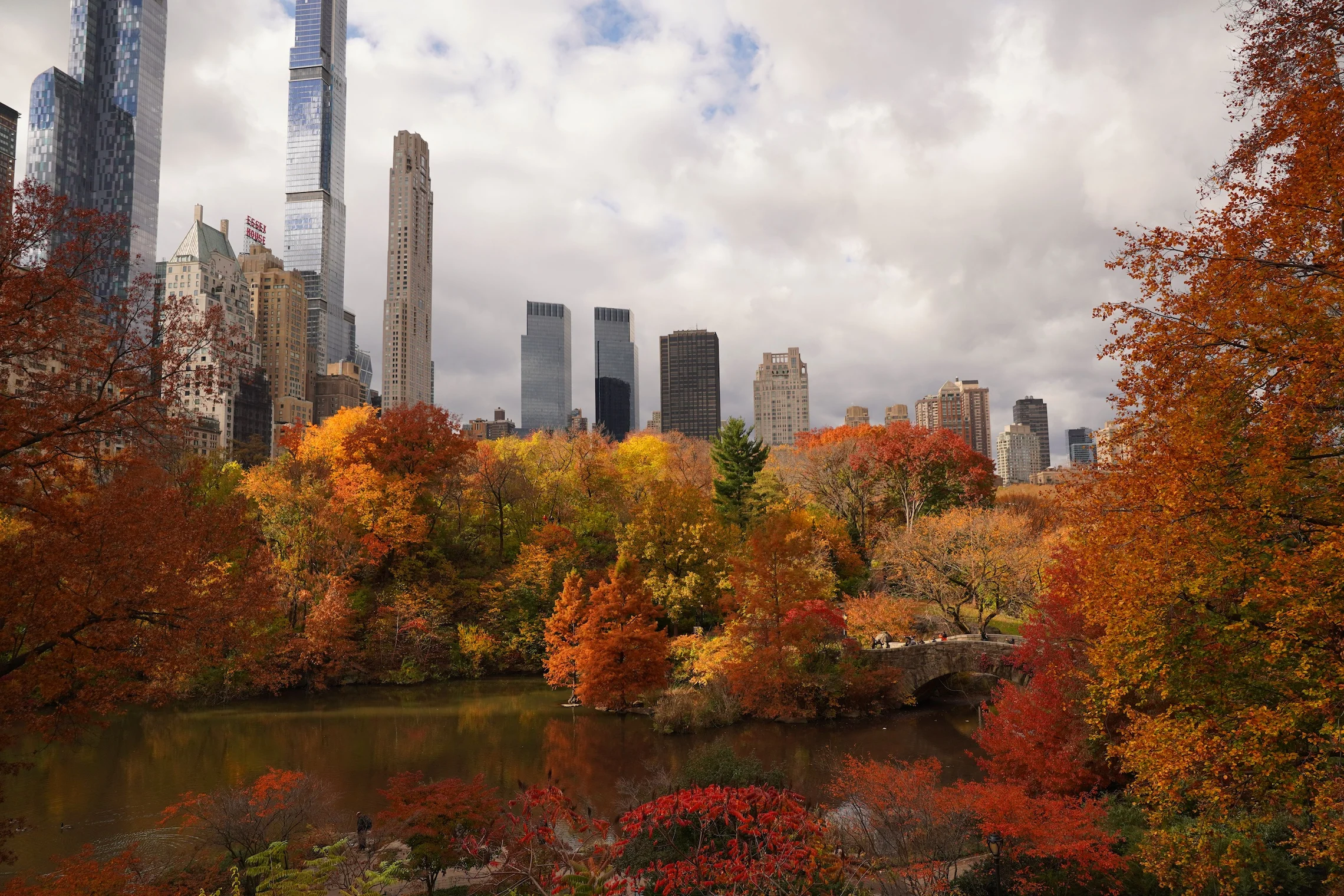 Beautiful autumn foliage in Central Park with New York City.