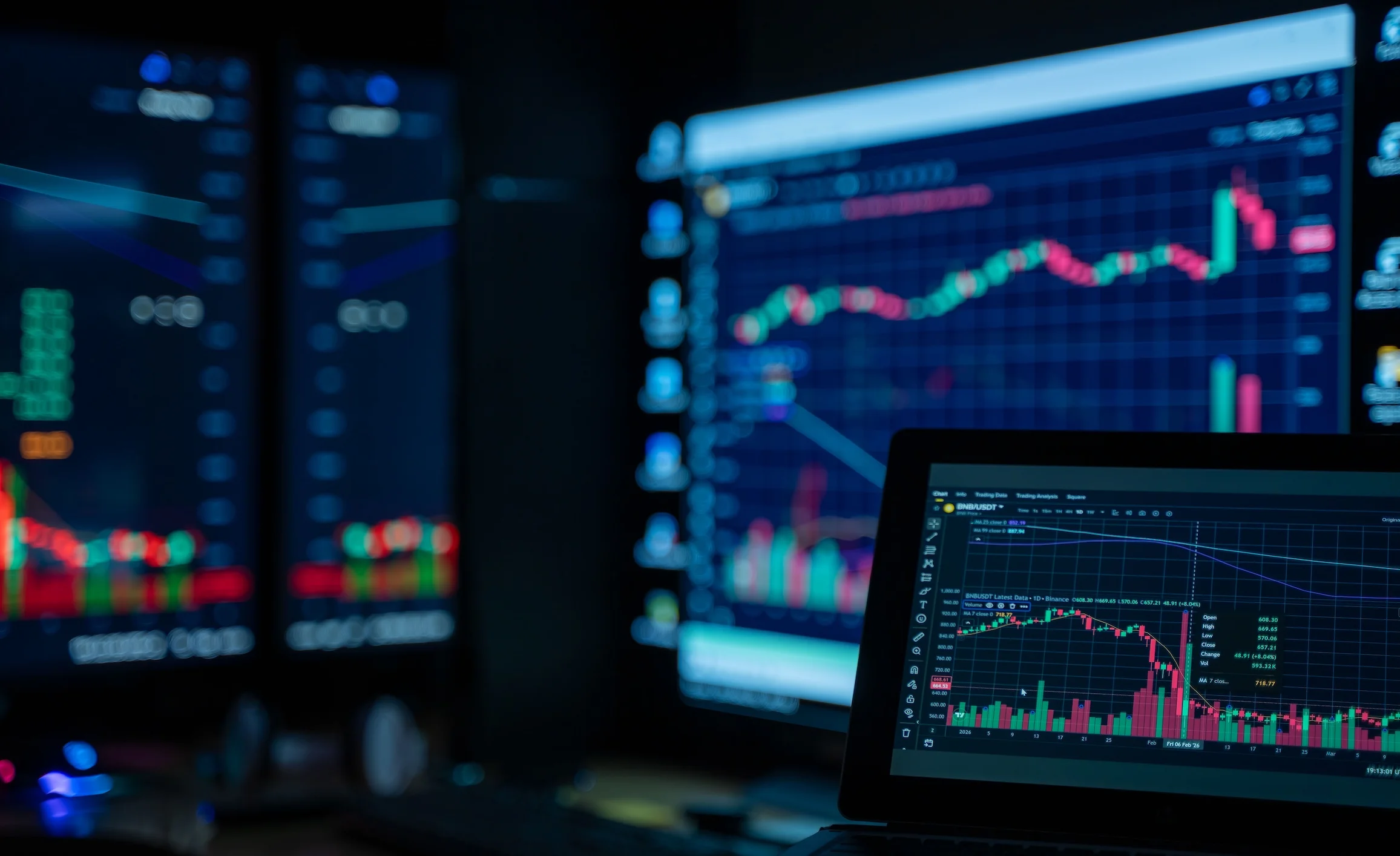 Monitors displaying stock market charts.
